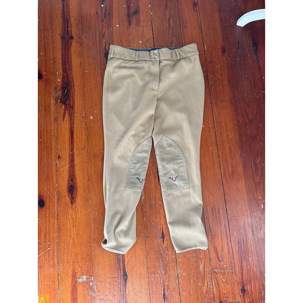 TuffRider Ladies 34 Tan Ribbed Low Rise Riding Breeches Knee Patch Stretch